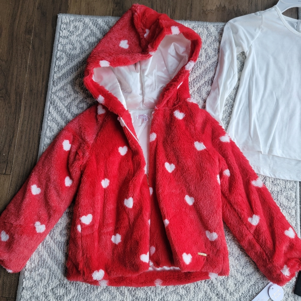 LAST 1! 🔥NEW! ❤️ Tahari GIRLS VALENTINE HEART PRINT FAUX FUR COAT & OUTFIT SET! - Picture 2 of 16